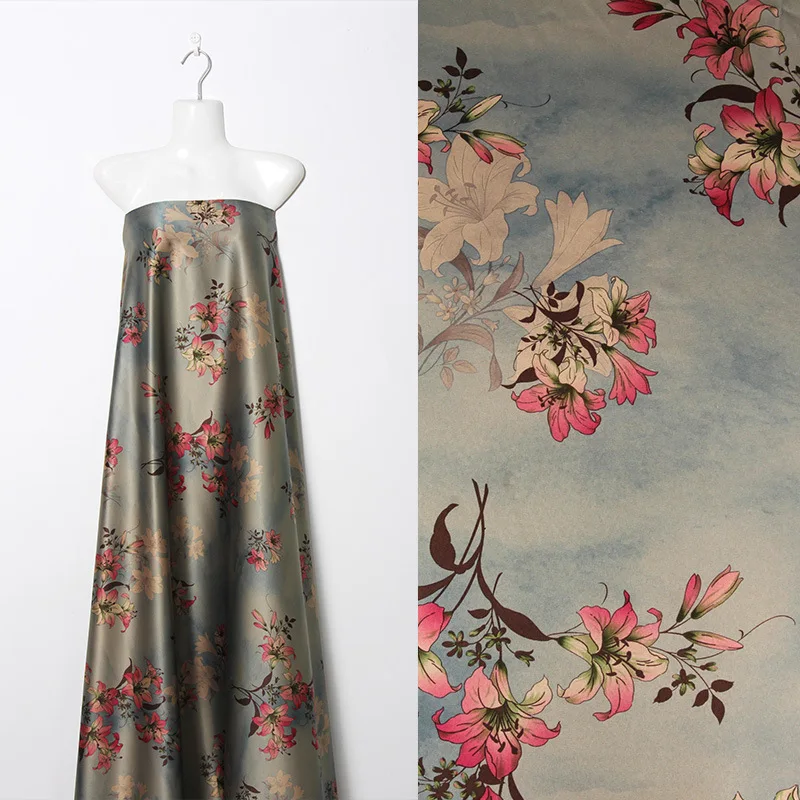 

100x150cm Chinese Satin Watered Gauze Fabric Print Greenish Lily Flower DIY Dress Cheongsam 4 colors to choose SX01