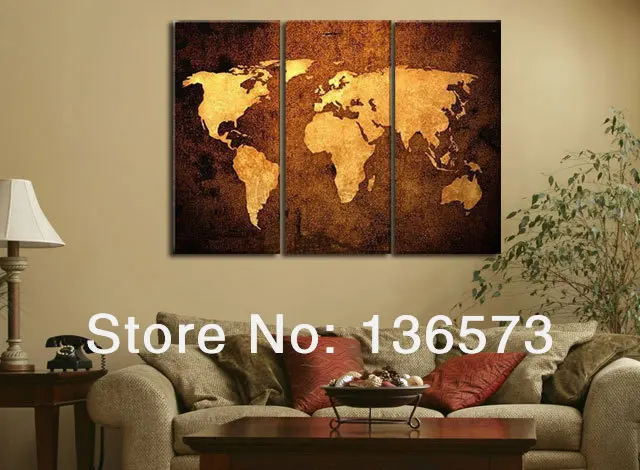 Handmade oil painting 3 piece canvas wall art brown world map pictures