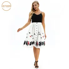 ISTider Высокая Талия модная Корейская юбка Красочные Птицы принтом перьев Для женщин юбки Бохо одежда миди плиссированные юбки и пуговицы Saia