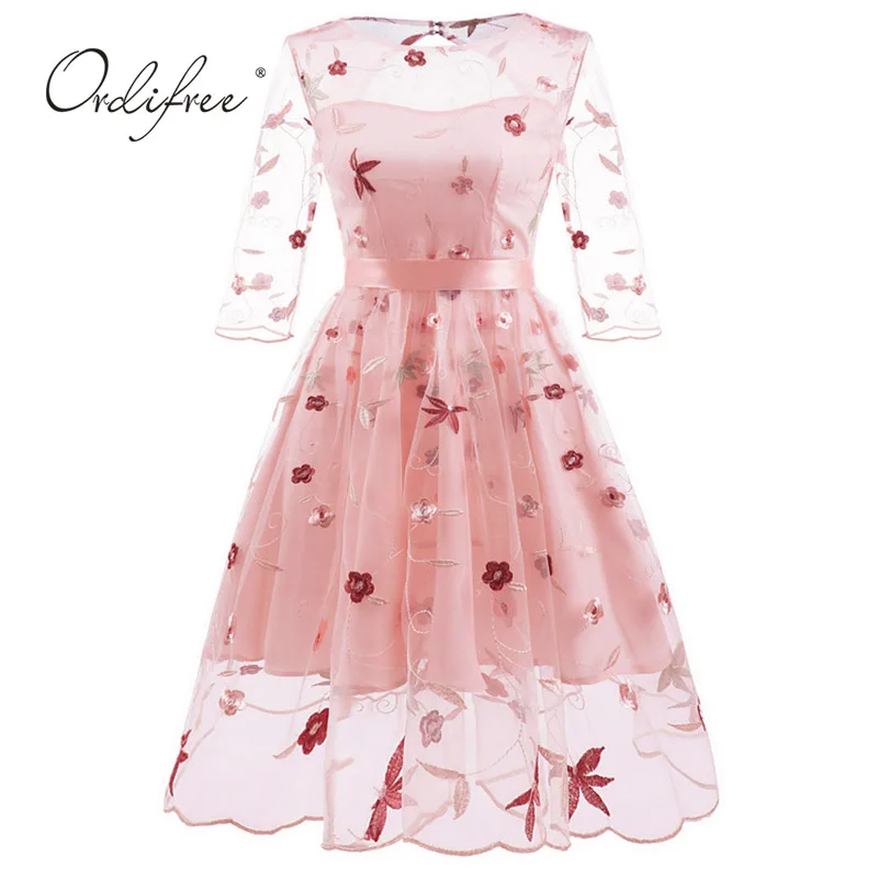 

Ordifree 2019 Summer Women Floral Embroidery Party Dress Runway Vintage Flower Embroidered Tulle Dress Plus Size XXL