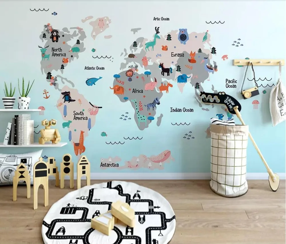 

beibehang Custom wallpaper papel de parede Hand drawn cartoon world animal map children room mural background wall tapeta behang