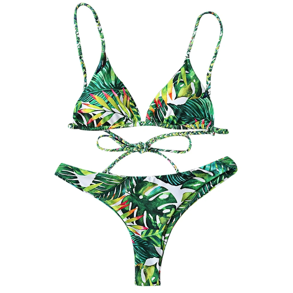 Summer European Style Women Sexy Braided Tropical Print Plunge Bikini Set Two piece Suits