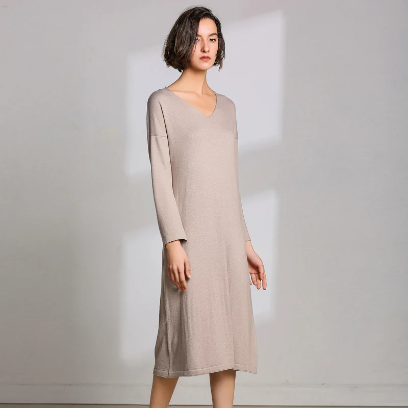 

LHZSYY 2019 Spring New Korean Fashion Solid color Long Wool Knit Dress Pullover Women's V-Neck Loose Wool Knit Wild Autumn dress