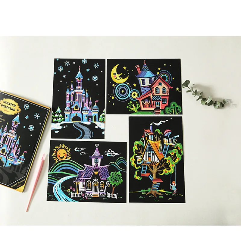 

14*20 Children 4pcs Scratch Pictures Painting Postcard Toy Kid Scraping Drawing Picture Paper DIY Craft Gift