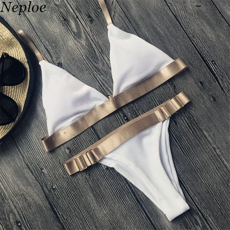 Neploe White Flannel Bikini Set Gold Belt Patchwork Adjustable Women Swimwear Two Pieces Push Up Backless Bathing Suit 42292 | Спорт и