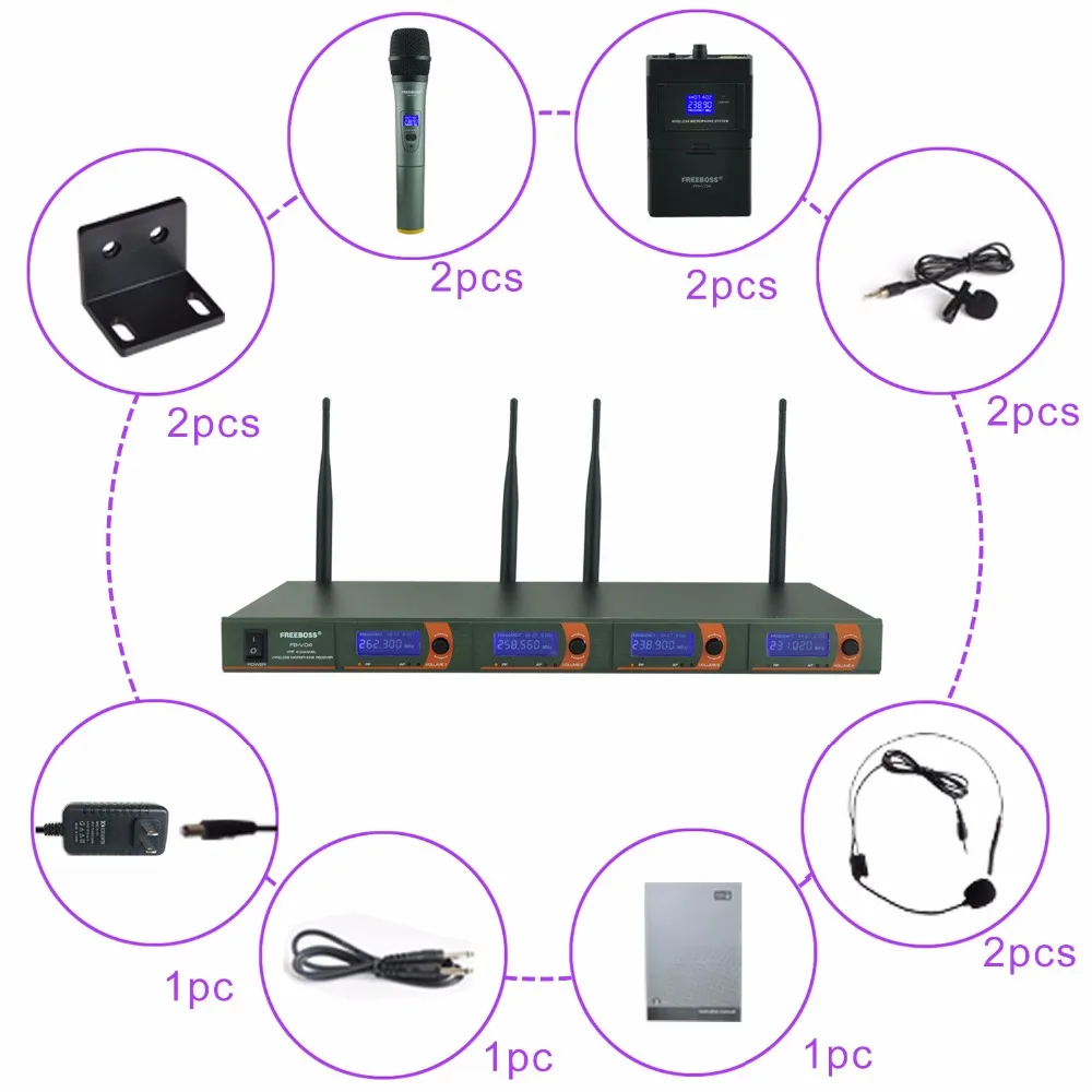 FREEBOSS FB-V04H2, профессиональные микрофоны, VHF KTV, вечерние микрофоны, 2 ручные и 2 беспроводные гарнитуры, микрофон для караоке