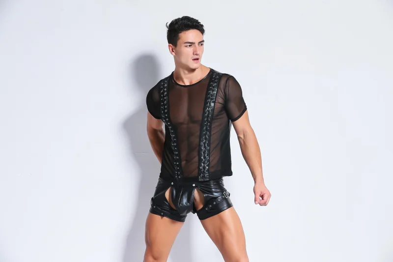 Sexy Costumes Exotic Tanks for Men Transparent Club Pole Dance Pu Leather Plus Size Lingerie Sexy Hot Erotic Medias(Just Tops