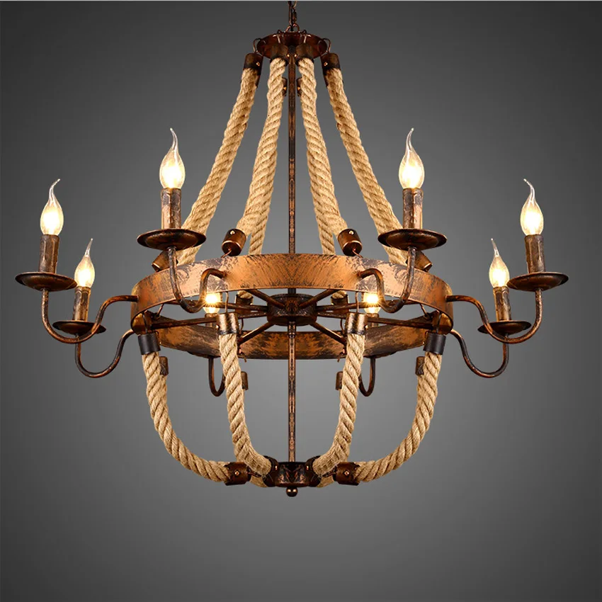 

Countryside Hemp rope chandelier retro rust color 6/8 heads wrought iron candle hanglamp for dining room Restaurant living room
