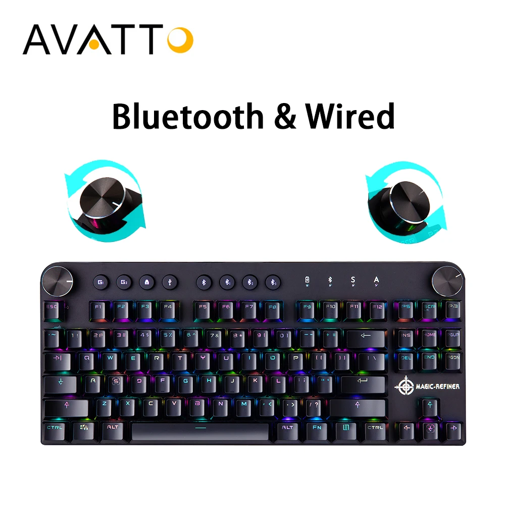 

AVATTO Knob Keys USB Wired & Bluetooth Wireless 87 key Mechanical Gaming Keyboard with 18 RGB Backlight for Windows/Mac OS Gamer