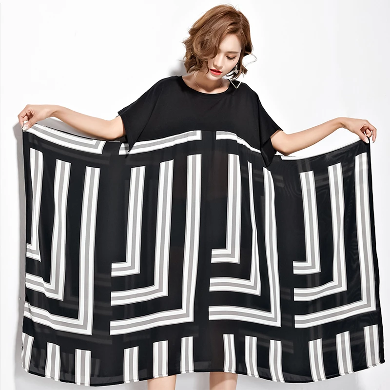 

ARCSINX Summer Dress Women Plus Size Free Size Loose Short Sleeve Women's Dress Fashion Cotton Black Sundress Female Summer