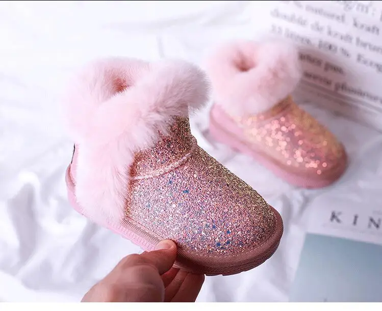 Шикарные ботинки для девочек с блестками; детские зимние ботинки; зимняя обувь для девочек; розовые ботинки; детская обувь для малышей; Длина стельки 13,5 см-23 см - Цвет: Розовый