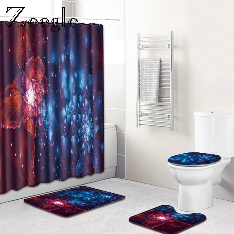 4 шт. Набор ковриков для ванной Противоскользящий коврик водонепроницаемый занавеска для душа 3D печать полиэстер занавеска для ванной комнаты s ковер для ванной комнаты