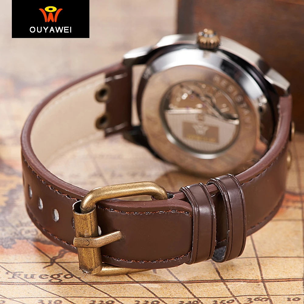 Ouyawei steampunk الهيكل العظمي المعصم ووتش رجال خمر ريترو جلدية دروبشيبينغ الساعات الأوتوماتيكية مع مربع الأصلي