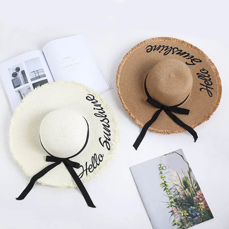

Newly Weave Sun Hats Straw Hat Black Ribbon Tie Up Caps for Women Summer Beach Outdoor BN99