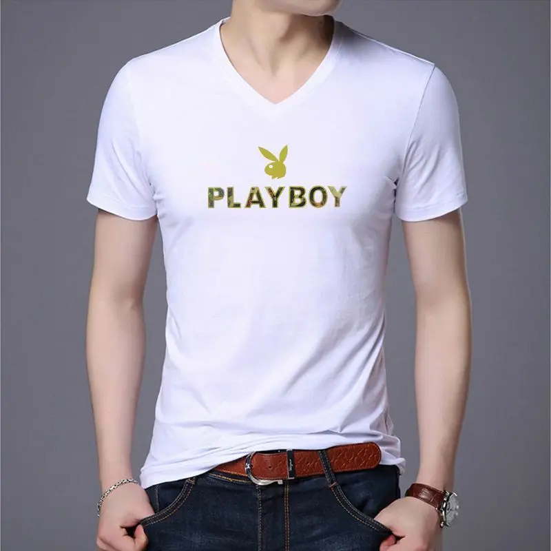 

2019 spring and summer new men's short-sleeved t-shirt Korean casual wild bottoming round neck Slim student feather