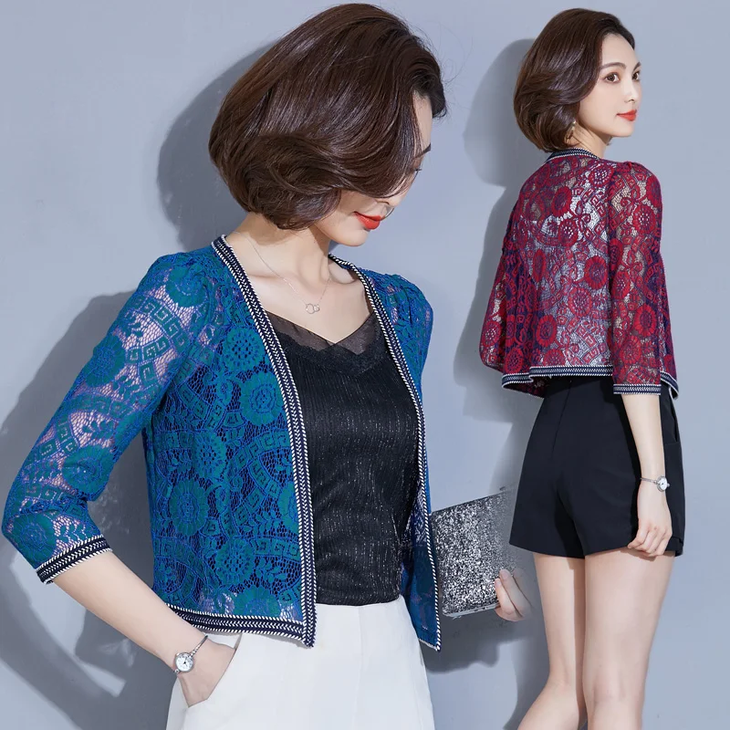 

Carol Diaries Shrug Women Casual 3/4 Sleeve Lace Floral Light Crop Open Stitch Cardigan Short All-match Shawl Wrap Elegant Shrug