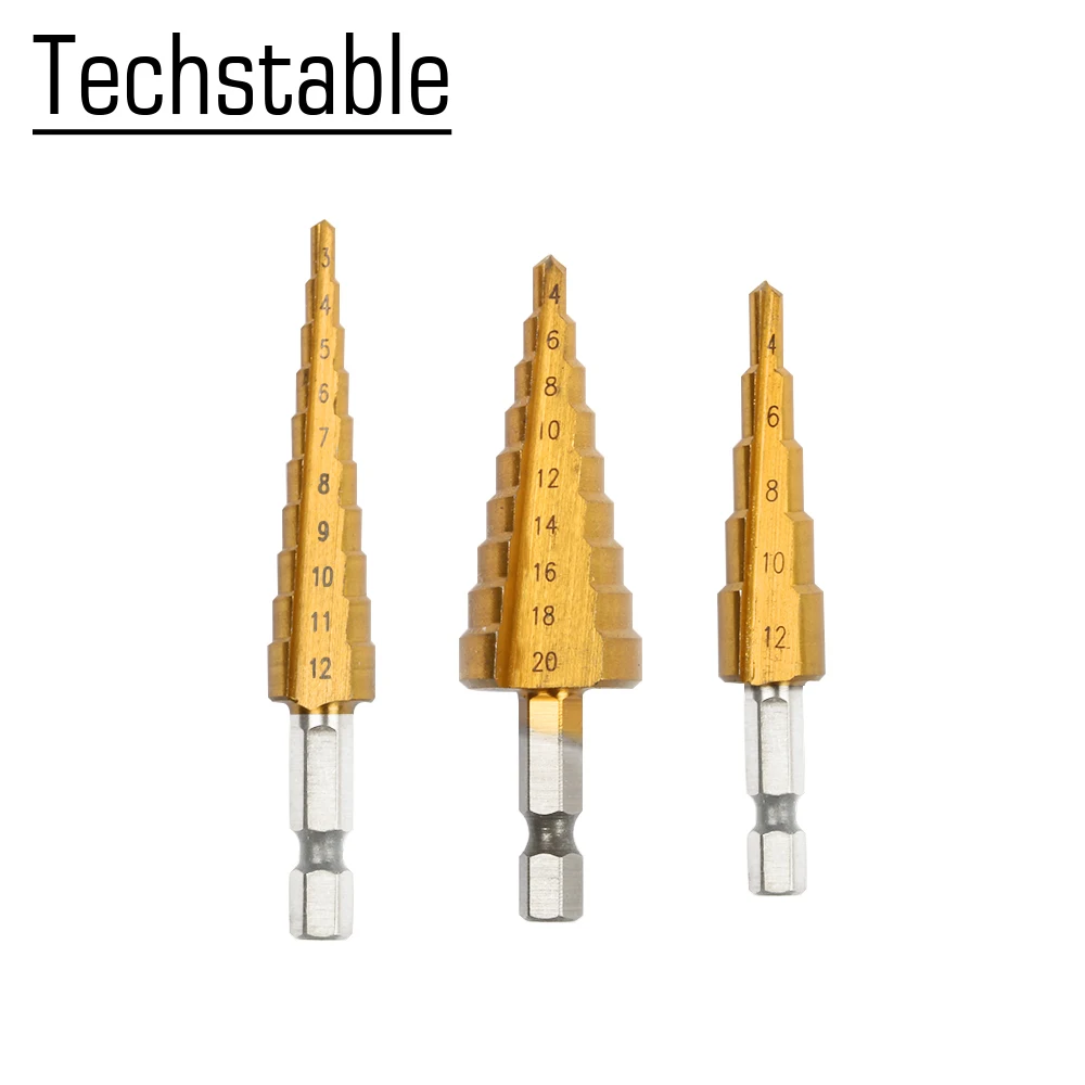 

4pcs HSS Steel Titanium Step Drill Bits 3-12mm 4-20mm 4-12mm Step Cone Cutting Tools Steel Woodworking Wood Metal 4-12/20/32mm