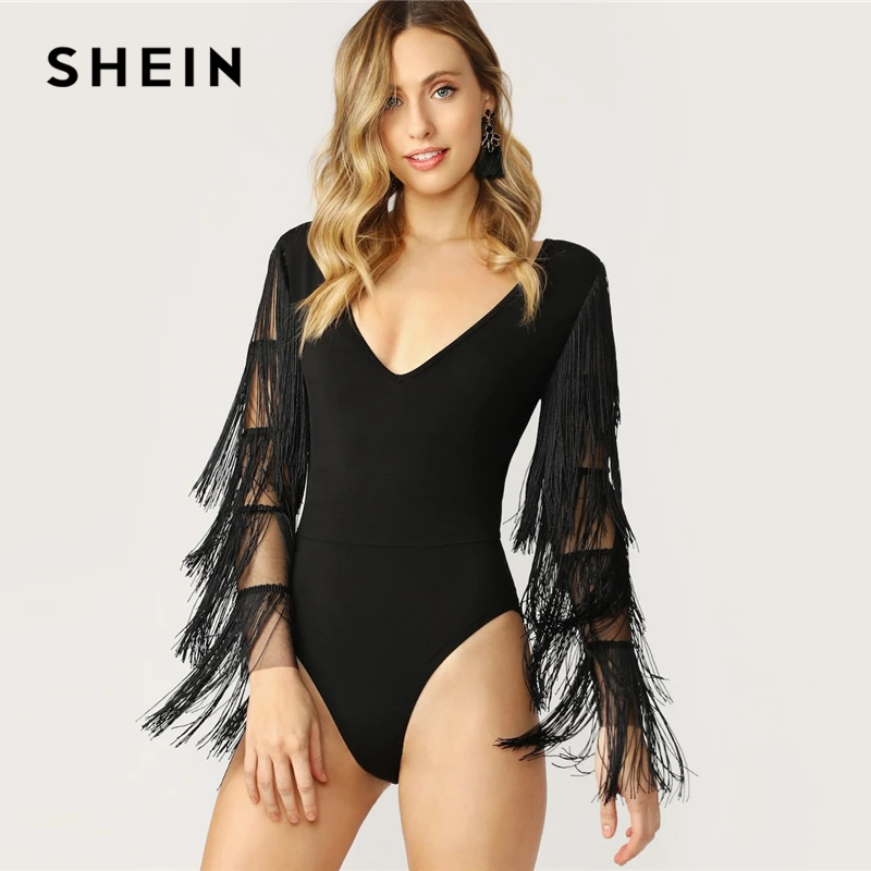 SHEIN الأسود الطبقات هامش شبكة كم سليم جاهزة عادي ارتداءها المرأة الصيف منتصف الخصر نحيل الصلبة ديب V الرقبة داخلية