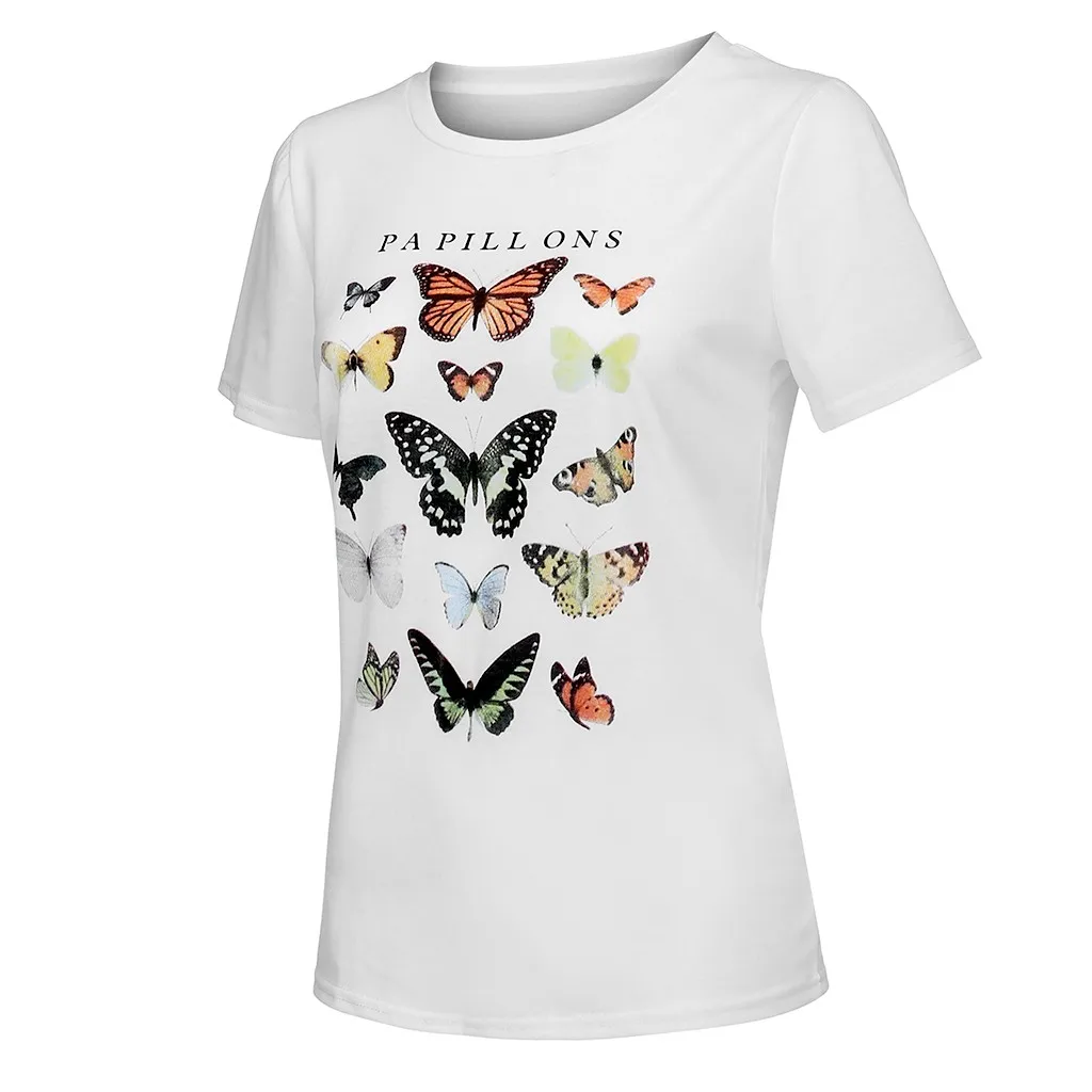 Женская футболка с короткими рукавами, с бабочкой и буквенным принтом Топ г., майка с принтом и круглым вырезом для девочек топ, ropa verano