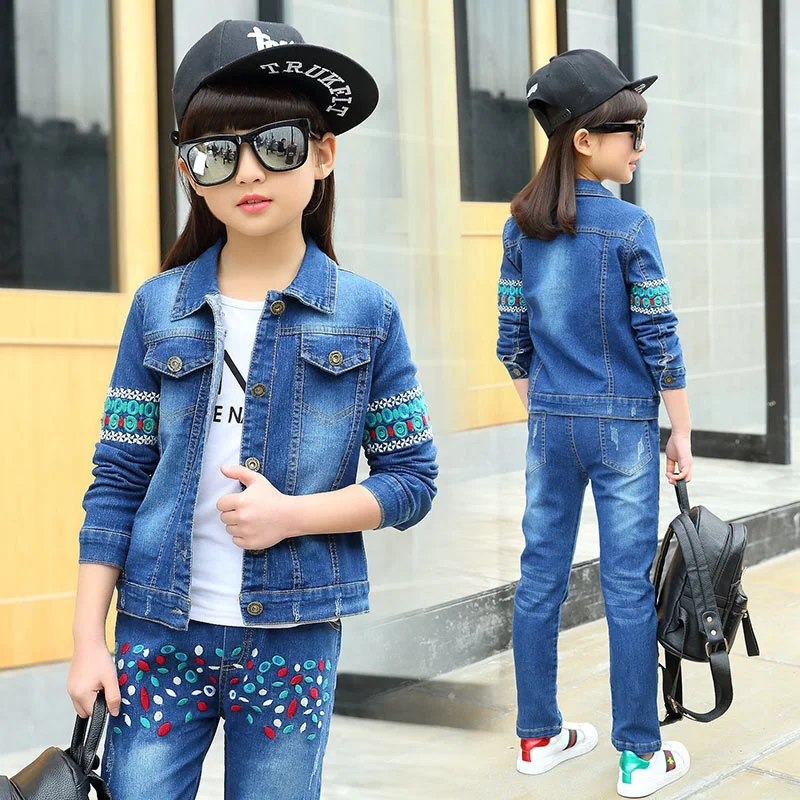 

Latest Designs Beaded Embroidery Denim Jacket Jeans Two Pcs Set American Country School 4 to 13 Year Old Cute Girl Outfits