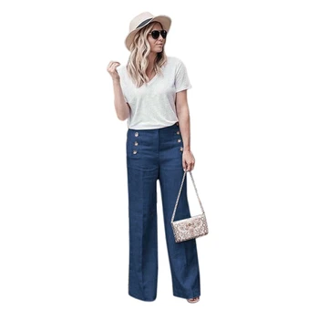 

Women Vintage High Waist Multi Button Wide Leg Pants Ladies Casual Office Loose Solid Color Cotton Linen Trousers Dark blu
