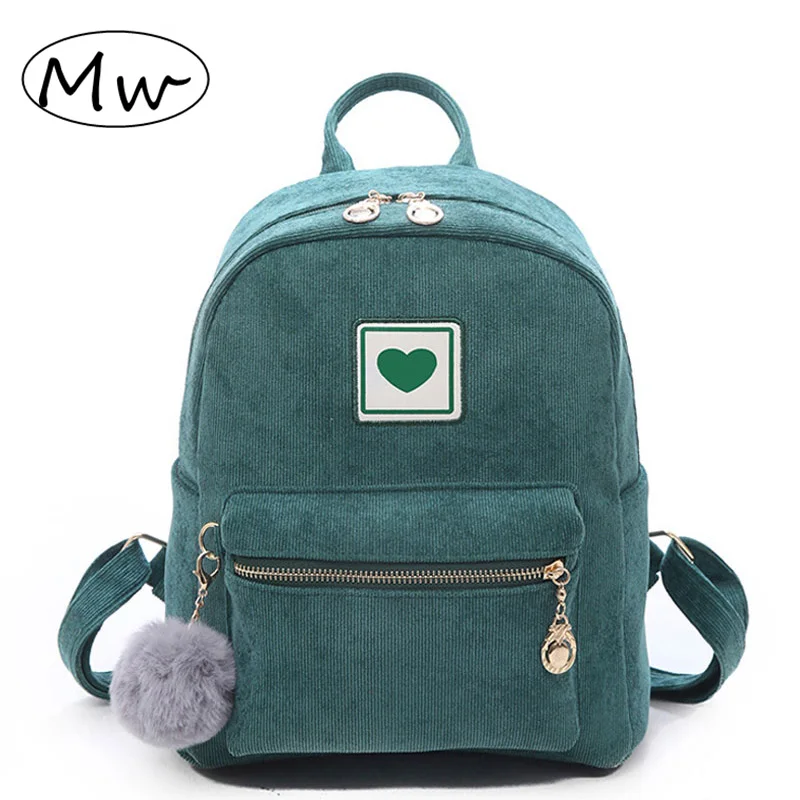 

Fashion Women Backpacks Corduroy Schoolbags Female Shoulder Bag Cute Hairball Backpack Female Zipper Bags For Girls Mochila New