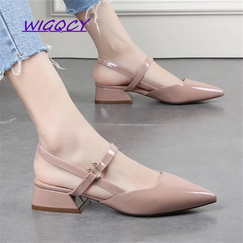 

Pointed Toe Square heel pumps women shoes 2019 new summer shoes women Sexy Fashion Buckle Patent Leather Casual ladies shoes