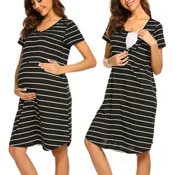 Женское платье для беременных; платья для кормящих грудью; платье в полоску с короткими рукавами и пуговицами; летнее платье для