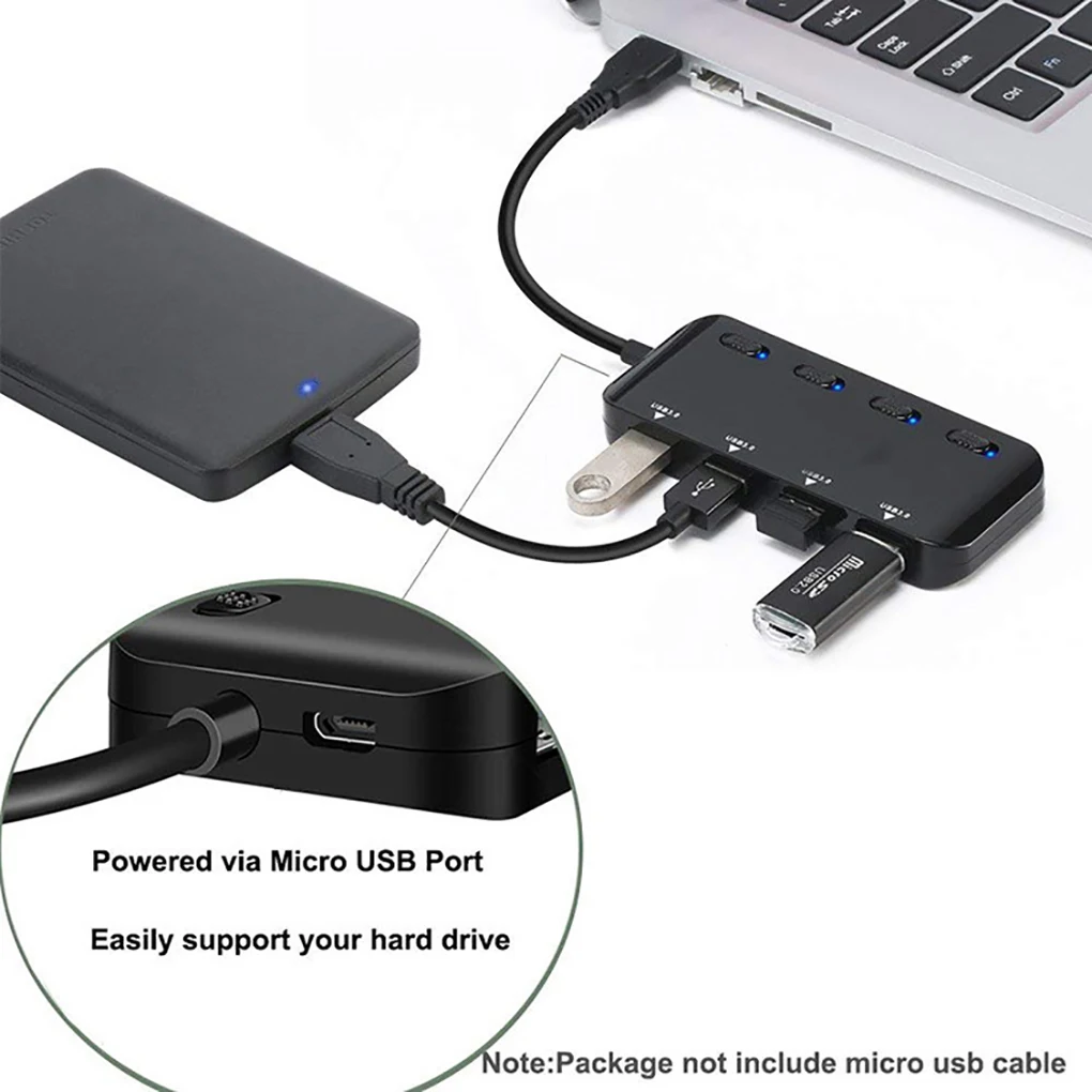 4 Ports USB 3.0 Splitter Hub Adapter with Micro USB Charging Port for PC Laptop