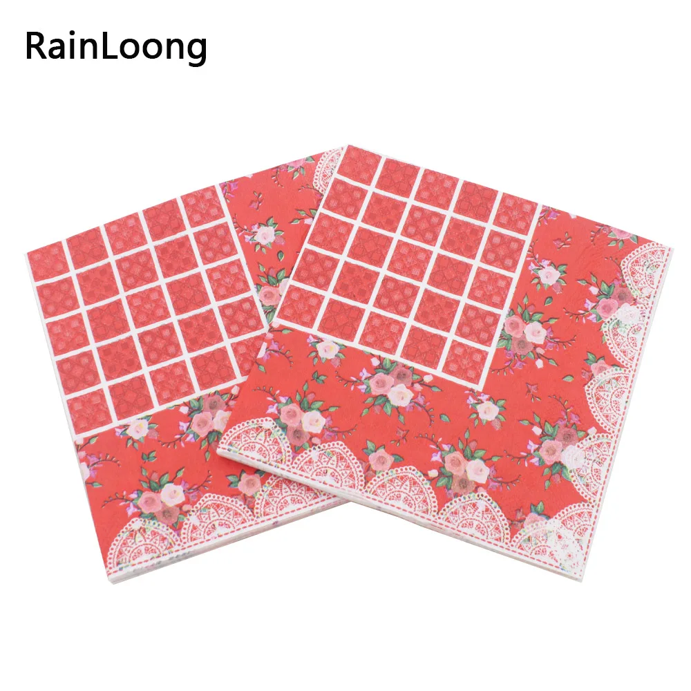 

[RainLoong] Printed Flower Paper Napkins With Lattice For Party Decoration Tissue Decoupage Servilleta 33*33cm 20pcs/pack/lot