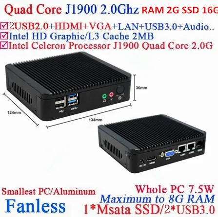 Thin client pc station desktop computer CPU J1900 2 lan ports POS computer 2G RAM 16G SSD