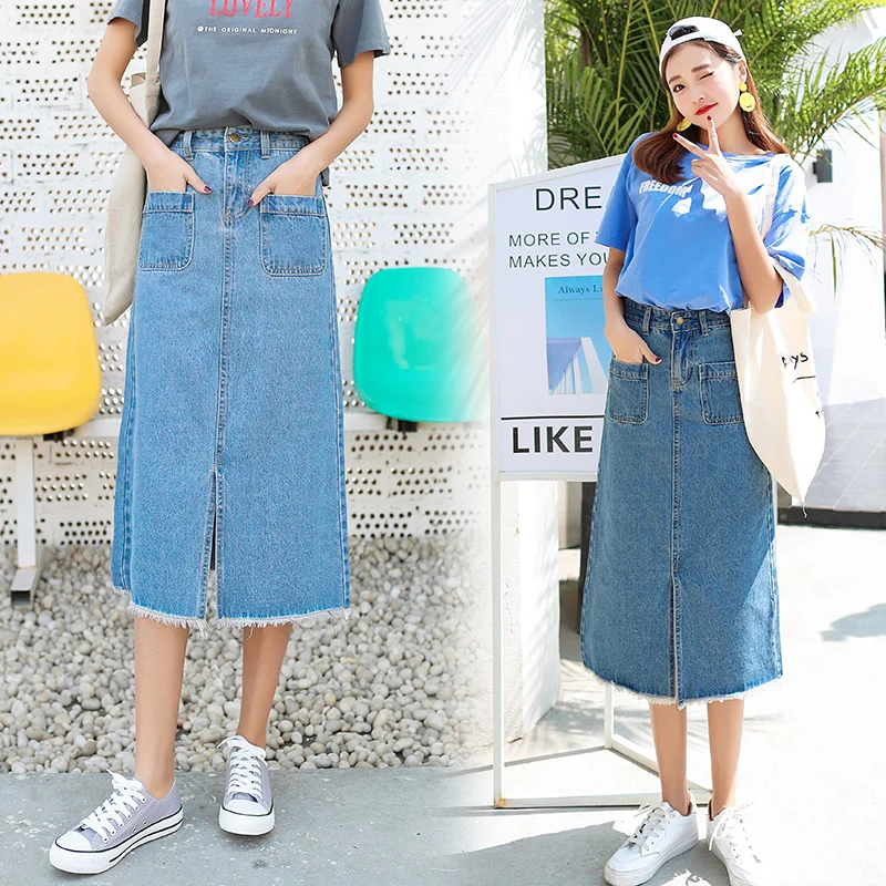 S-XL 4 цвета летние Для женщин длинные деним джинсовая юбка с высокой талией Повседневная линия Модная Джинсовая юбка Для женщин (C8606)