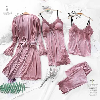 

Autumn and Winter 2019 Velvet Sleepwear Suit Female Sleeping Dresses Sexy Sleepwear Four Suits of Velvet Can Be Weared Outside