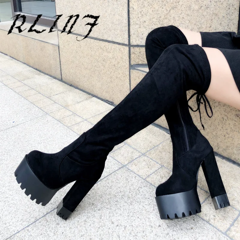 

RLINF New Elastic Socks Boots Long Tube Female Over The Knee High Heel Thick with The Increase In Black Female Boots