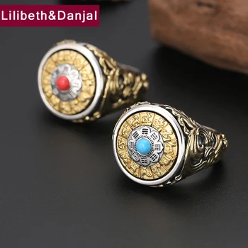 

2019 Adjustable Ring 100% Real 925 Sterling Silver Jewelry Men Women Buddha Mosaic Turquoise Gossip Zodiac Rotatable Ring R01