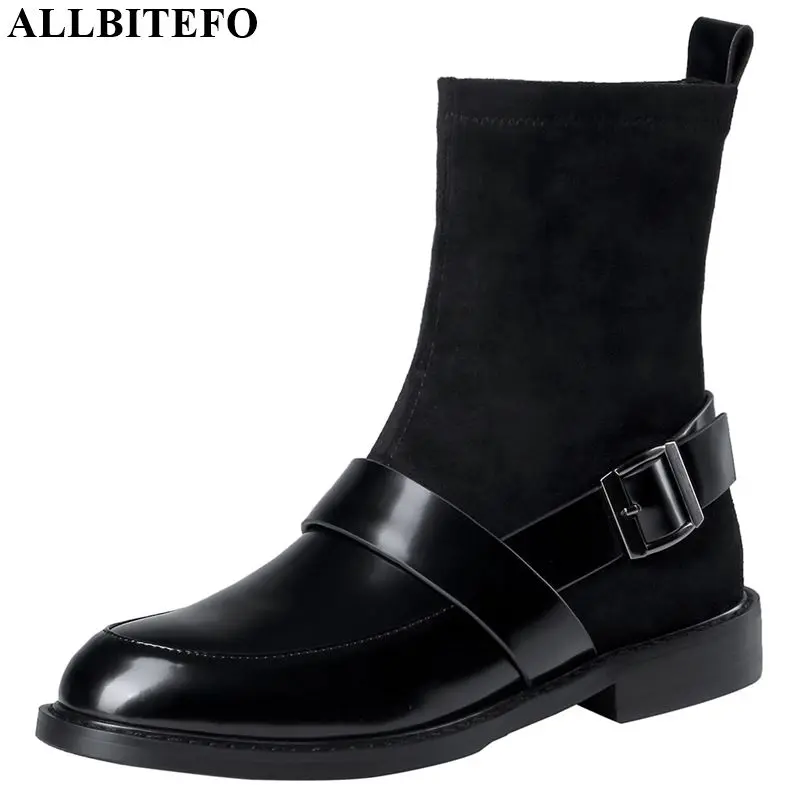 

ALLBITEFO natural genuine leather+flock women boots British style comfortable breathable ankle boots Martin boots Autumn Winter