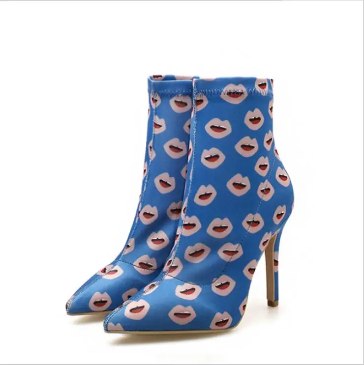 

pointe toe silk mid-calf boots for women high heels autum stretch fabric boots lip print ladies short boots gladiator shoes