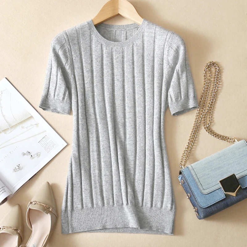 LHZSYY 2019 New Wool Knitted Blend T-shirt Solid color O Neck Women