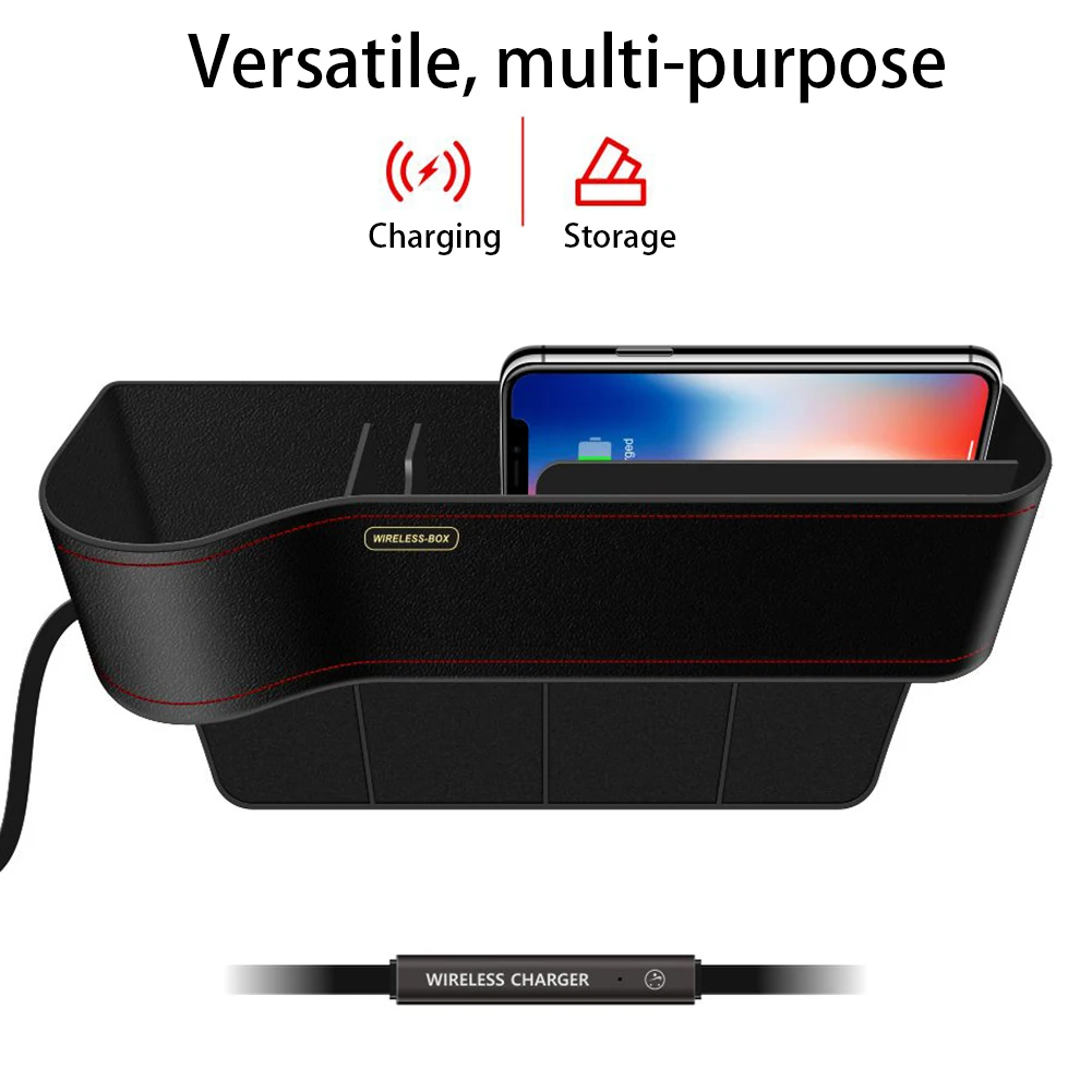 Q7 QI Car Wireless Charger Storage Box Seat Slit Gap Crevice Storage Charging Station Box for iPhone 8/X Samsung Galaxy S9/S9