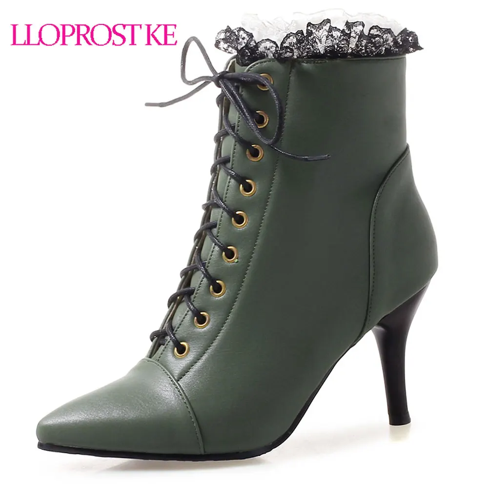 

Lloprost ke 2018 New Ankle Boots Fashion Sexy Pointed Toe High Heel Motorcycle Boots PU leather Black Lace-up Ladies Shoes D190