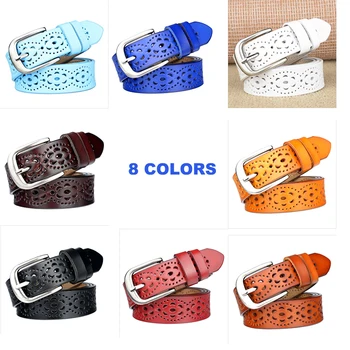 

High quality ladies hollow embossed totem leather belt Casual wild decorative woman belt Simple fashion pin buckle sky blue