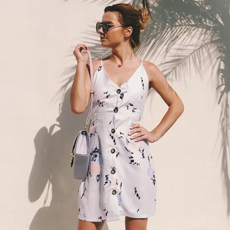 Women's V Neck Summer Spaghetti Strap Striped Polka Dot Floral Printed Button Down Swing Mini Back Bowknot Dress 2018 | Женская