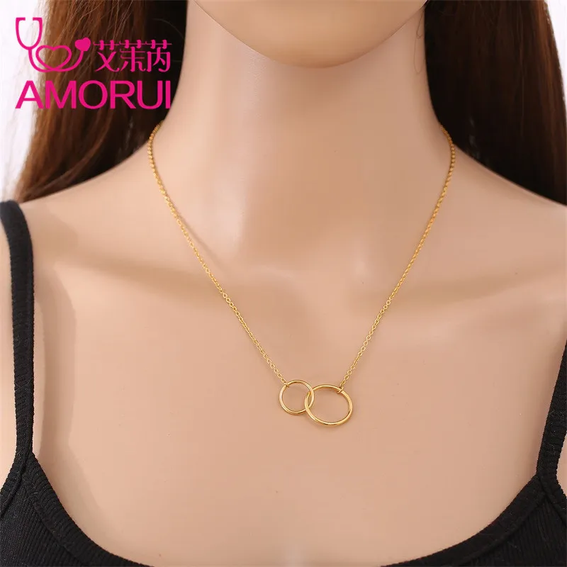 AMORUI Interlocking Love Pendants & Necklaces for Women Stainless Steel Double Circle Choker Statement Necklace Fashion Jewelry