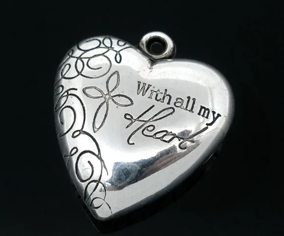 

Acrylic Charm Pendants Heart Antique Silver Message Pattern with all my heart Carved 28mm(1 1/8")x 26mm(1"),2 PCs