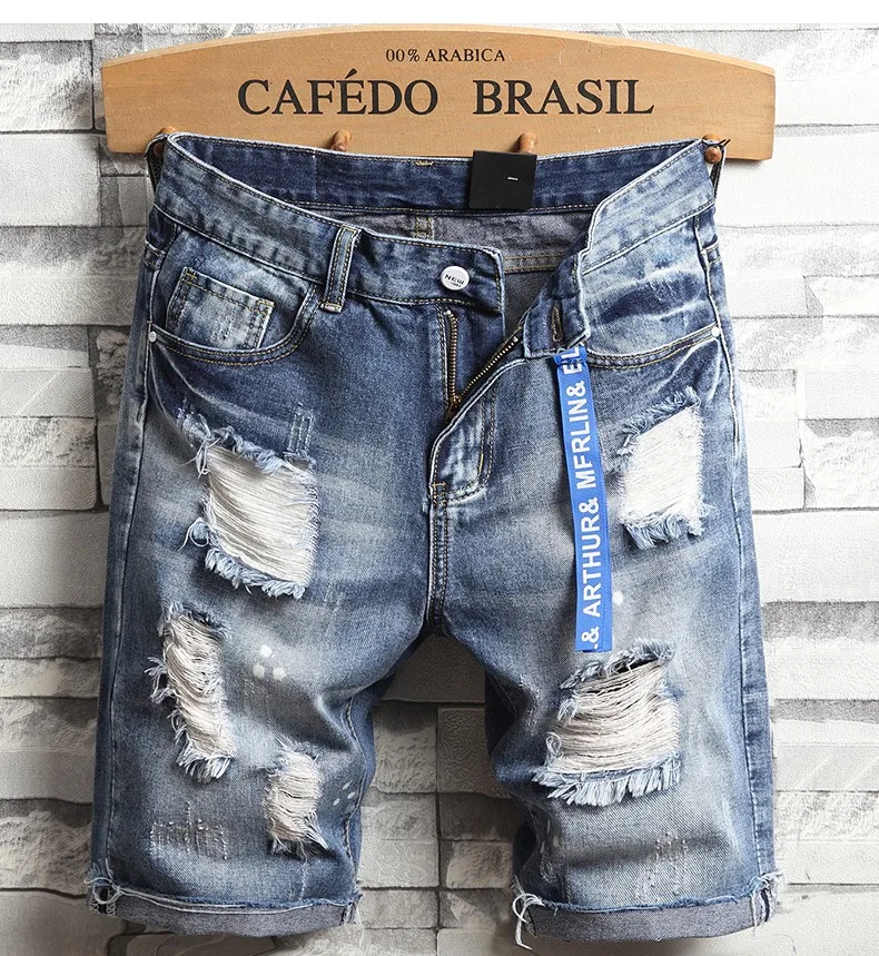 Men Holes Denim Shorts Summer Light Blue Short Jeans Good Quality Men Cotton Straight Jeans Shorts Streetwear Solid Jeans Size36 Men Holes Denim Shorts Summer Light Blue Short Jeans Good Quality Men Cotton Straight Jeans Shorts Streetwear Solid Jeans Size36