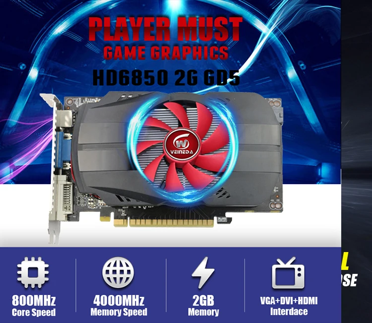 GPU Veineda графическая карта HD6850 2 ГБ GDDR5 256Bit игровая видеокарта HDMI VGA DVI для ATI Radeon InstantKill GTX650, GT730