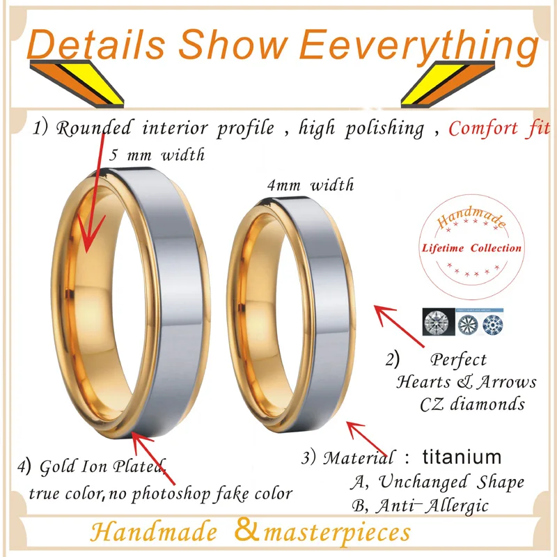 His and Hers titanium steel wedding band couple rings pair set 5mm Men's Ring 4mm Women's Ring  anillos aneis anel de ouro TC088 (8)