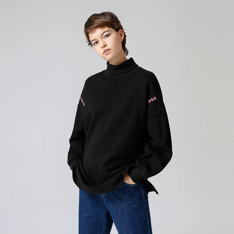  Toyouth Long Sweatshirt 2019 Autumn Hoodie Women Casual Solid Color Letter Embroidery Turtleneck Pu