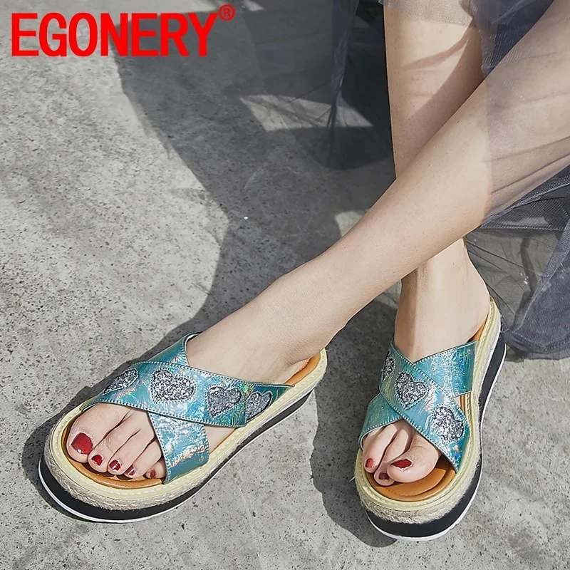 

EGONERY woman shoes summer new fashion sexy open toe high quality genuine leather woman slippers outside mid heels woman shoes
