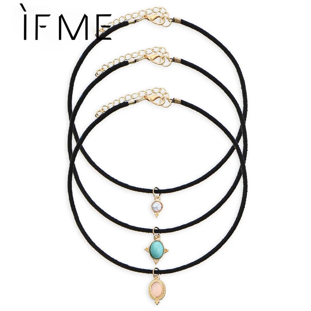

IF ME 3 Color Crystal Stone Black Velvet Chokers Necklaces Vintage Created Stone Pendants Sets Necklace For Woman Collier Femme